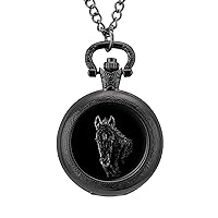 Horse Portrait Black Pocket Watch with Chain Vintage Pocket Watches Pendant Necklace Birthday Xmas