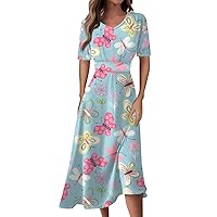 Sun Dresses for Women Casual Loose Short Sleeve V Neck Midi Dress Elegant Floral Print Stretchy Flowy Hem Sun Dresses