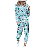 Women's Christmas Pajamas 2 Piece Round Neck Long Sleeve Shirts Drawstring Sweatpants Pocket Sets Pajamas, S-3XL