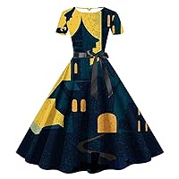 Women's Halloween 1950s Vintage Dress Bat Cobweb Print Swing Cocktail Dresses Short Sleeve Boat Neck Belted Tea Dress