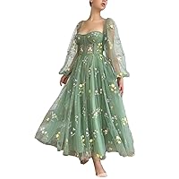 Basgute Flower Embroidery Tulle Puffy Sleeve Prom Dresses Long A Line Fairy Maxi Formal Evening Party Gowns for Women