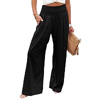 Womens Elastic High Waisted Palazzo Pants Casual Wide Leg Long Lounge Pant Trousers with Pocket