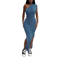 Women's One Shoulder Dress Sexy Sleeveless Summer Ribbed Side Slit Cocktail Club Party Maxi Bodycon Dresses