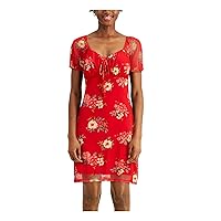 Womens Red Tie Front Floral Short Sleeve Above The Knee Fit + Flare Dress Juniors S