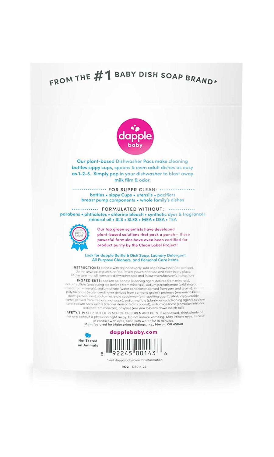 DAPPLE Baby Dishwasher Pacs, Fragrance Free Dishwasher Pods, Plant Based, Hypoallergenic, 25 Count