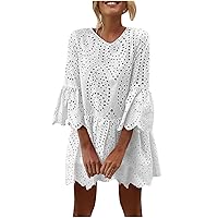Dresses for Women 2024 Basic Summer Plus Size Embroidered Hollow V-Neck Lace Loose Swing Comfy Flare Sleeve Midi Dress