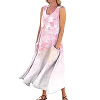 Womens Plus Size Summer Dresses Boho Casual Floral Print Linen Dress Sleeveless Pocket Beach Dress Sun Dress