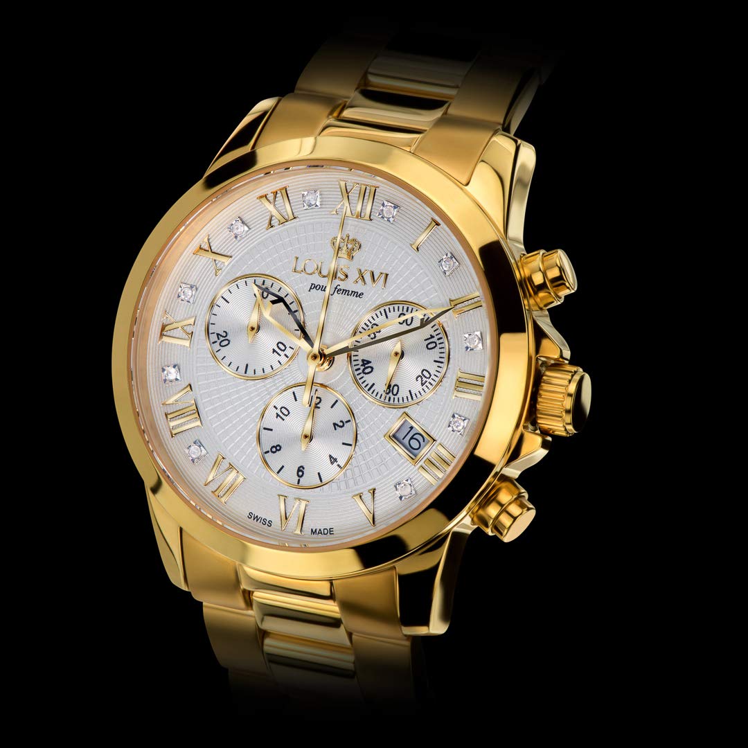 LOUIS XVI Damen-Armbanduhr Athos Pour Femme Stahlband Gold Weiss echte Diamanten Chronograph Analog Quarz Edelstahl 515