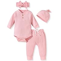 Aalizzwell Gender Neutral Long Sleeve Baby Ribbed Outfit with Hat & Headband