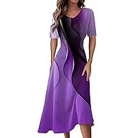 Womens Summer Dresses Line Print V-Neck Short Sleeve Waist Long Swing Dress