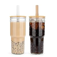 24 oz Wide Mouth Mason Jar Drinking Glasses with Bamboo Lids and Straws 2 Pack, Glass Boba Tea Cup Reusable,for Iced Coffee,Smoothie,Pearl Milkshake,Water,Juice BPA Free