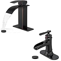 Waterfall Faucet, Brass Oil Rubbed Bronze Bathroom Faucet 1 Hole, Brass 4 Ins Bathroom Faucets One Hole or 3 Hole, Bathroom Sink Faucet Single Handle with Deck Plate & Pop-up Drain