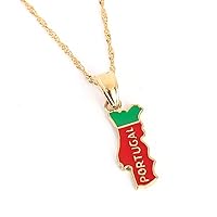 Portugal Map Pendant Chain Flag 18K Gold Plated Jewelry Portuguese PRT for Women Girl Gift