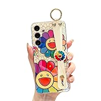 for Samsung Galaxy A35 5g Case Cute with Wrist Strap Kickstand Glitter Bling Cartoon IMD Soft TPU Shockproof Protective Phone Case Cover for Girls and Women - Sunflower
