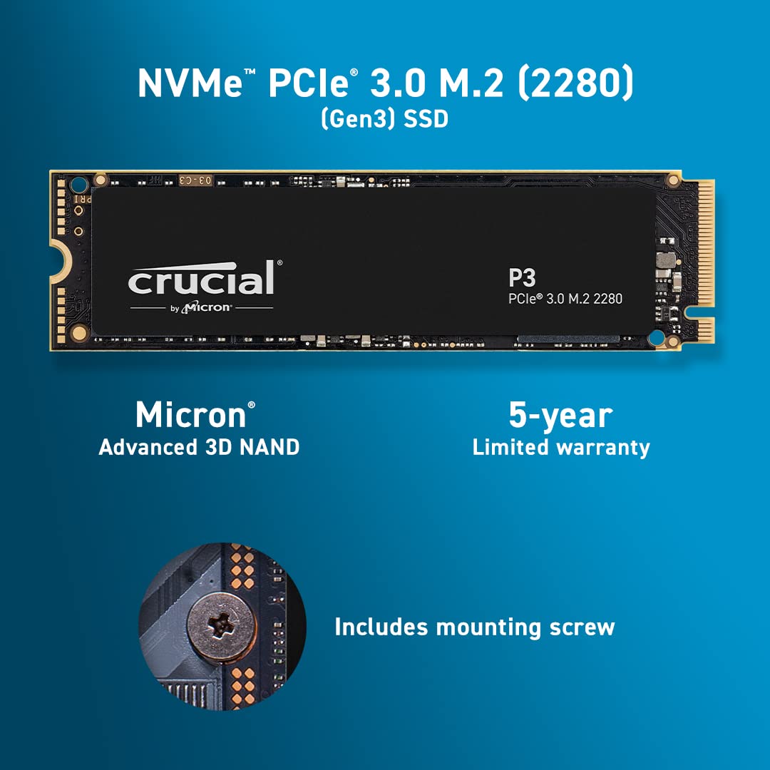 Crucial P3 1TB PCIe Gen3 3D NAND NVMe M.2 SSD, up to 3500MB/s - CT1000P3SSD8