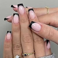 Black French Tip Press on Nails Short Medium Fake Nails Square Glossy Nude False Nails Full Cover Acrylic Nails Press on for Women Simple Daily Wear DIY Manicure Decoration 24Pcs