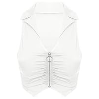 TiaoBug Women's Summer Lapel Deep V-Neck Sleeveless Crop Tops Zipper Ruched Tank Top Streetwear