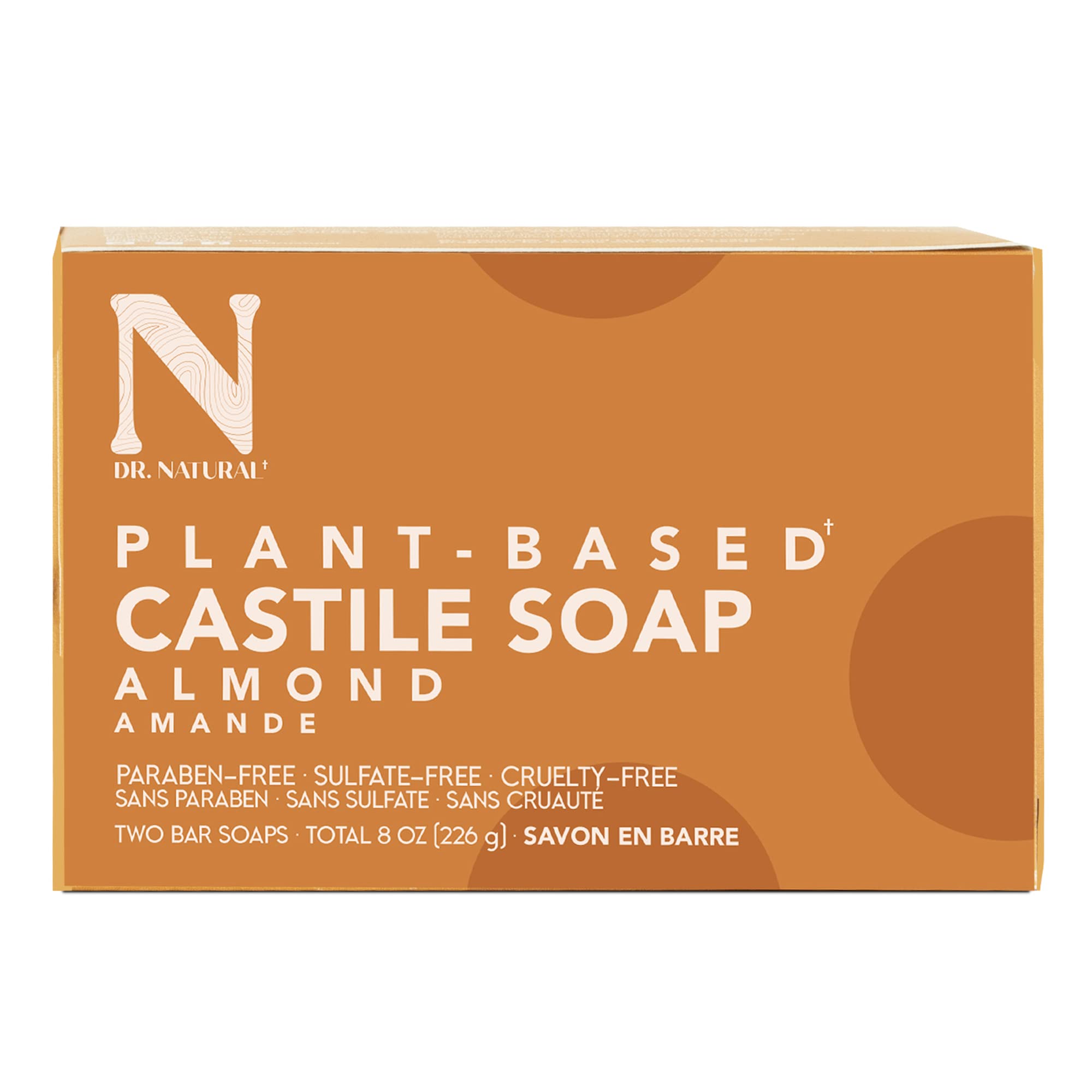 Dr. Natural Almond Castile Bar Soap, 4 ounce Bars, 2-Pack - Made with Essential Oils and Shea Butter, Ultra-Moisturizing Body wash, Facial Cleanser or Hand Soap