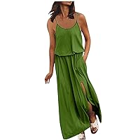 Women's Casual Summer Dress Spaghetti Strap Sleeveless High Waist Split Beach Long Maxi Sun Dresses with Pockets