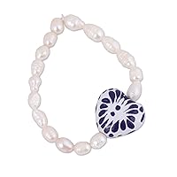 NOVICA Handmade Cultured Freshwater Pearl Ceramic Beaded Stretch Bracelet Heart from Mexico White Pendant Talavera Birthstone 'Ethereal Delight'