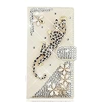 Crystal Wallet Phone Case Compatible with iPhone 15 Pro Max - Leopard - White - 3D Handmade Sparkly Glitter Bling Leather Cover with Screen Protector & Neck Strip Lanyard