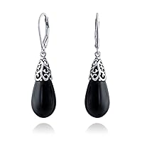 Boho Western Style Green Blue Black Purple Gemstone Long Elongated Teardrop Filigree Lever Back Dangle Earrings For Women .925 Sterling Silver More Birthstones