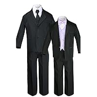 Unotux 7pc Boys Black Suit with Satin Lilac Vest Set (S-20)