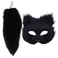 Therian Mask Therian Set Tail Cat Mask Furry Mask ＆ 16'' Long Fox Tail Wolf Mask Keychain Half Face Masquerade Mask for Cosplay Fancy Party Black