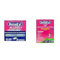 Benadryl Liqui-Gels Antihistamine Allergy Medicine & Cold Relief, Dye Free, 24 ct & Children's Allergy Chewables with Diphenhydramine HCl, Antihistamine Chewable Tablets