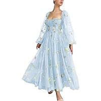 Xijun Women's Puffy Prom Dresses Long Sleeve Flowers Embroidery Tulle Tea Length Formal Evening Party Gown