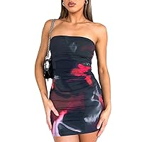 Women's Strapless Printed Tube Mini Dress Sleeveless Sexy Bodycon Dresses Summer Club Party Night Out Mini Dress