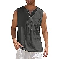 Men's Casual Cotton Linen Tank Top Sleeveless Lace Up Beach Hippie Tee Fashion V Neck Baggy T Shirt