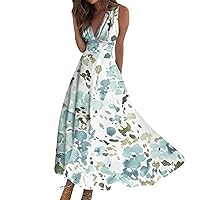 Summer Dresses for Women 2024 Trendy Boho Floral Print V Neck Sleeveless Sundresses Elegant Flowy Maxi Party Dress