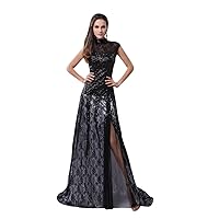 Black Illusion High Neck High Slit Lace And Sequin Prom Dress With Train