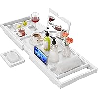 Yirilan Luxury Bathtub Tray Caddy - Expandable Bath Tray with Mirror - Unique House Warming Gifts-White