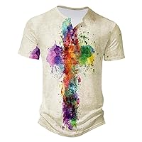 Mens Fashion Tops, Casual Short Sleeve Funny Graphic Tee V Neck Button Down 3D Cross Print T-Shirts Summer Henley Shirt