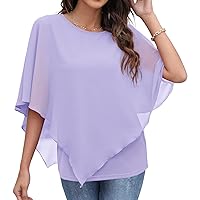 QIXING Womens Loose Business Casual Batwing Sleeve Chiffon Tops T-Shirt Blouse Light Purple-Small