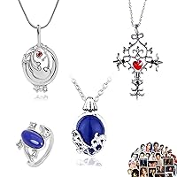 Zaky 34 pcs The Vampire Diaries Necklace Jewelry Stickers Set Diaries Elena Sapphire Crystal Daylight Ring Necklaces Vampire Cross Pendant Necklace Cosplay for Fans