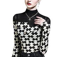 Women's Half High Collar Printed Panel Stretch Long Sleeve T-Shirt Base Coat Button Fitting Plaid Top Autumn Black L