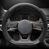 Car Suede Carbon Fiber Steering Wheel Cover Car Non-Slip Leather Car Interior Fitting 15-inch Universal（D-Shape,Black ）
