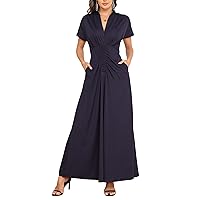 Women's 2024 Summer Short Sleeve V Neck Side Slit Ruched Wedding Guest Cocktail Party Flowy Maxi Dress with Pockets