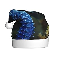 Blue Seahorse Printed Christmas Hat,Santa Hat For Adults,Plush Comfort Xmas Hat For New Year Festive Party