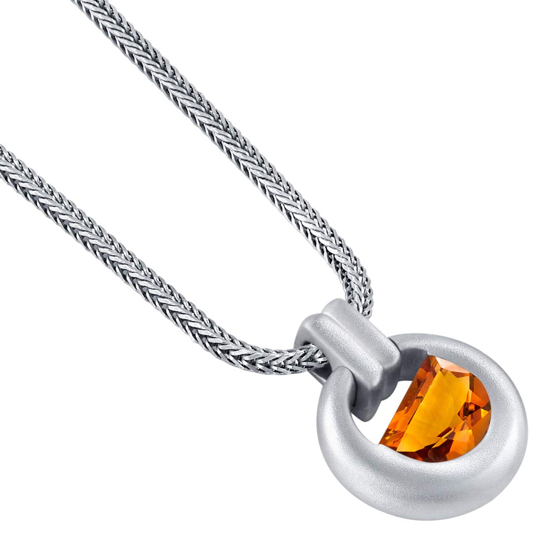 Peora Citrine Amulet Pendant Necklace for Men in Sterling Silver, 3 Carats Half Moon Shape, Brushed Finished, with 22-Inch Italian Chain