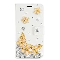 Crystal Wallet Phone Case Compatible with Samsung Galaxy Note 20 Ultra 5G - Pretty Flower - Gold - 3D Handmade Sparkly Glitter Bling Leather Cover with Screen Protector & Neck Strip Lanyard