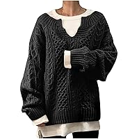 Daily Deals Women Cable Sweaters Casual Long Sleeve Knitted Pullover Tops Loose Long Sleeve Chunky Jumper Warm Sweater Blouse Suéteres De Talla Grande Black