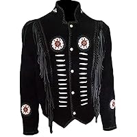 Women's Western Suede Leather Jacket with Beads, Fringes and Bones