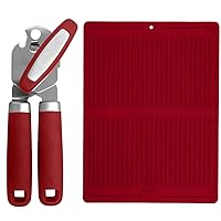 Gorilla Grip Manual Can Opener and Silicone Dish Drying Mat, Can Opener Includes Built-In Bottle Opener, Dish Drying Mat is 13x11 Inch, Both in Red Color, 2 Item Bundle