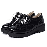 SHEMEE Patent Leather Chunky Mid Heels Wingtip Oxfords Lug Sole Brogues Platform Saddle Shoes for Women