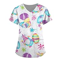 Scrub Tops Women Print Floral Printed Turtleneck Short Sleeve Tops Classic Plaid Shirts for Women