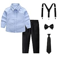 Boy Tuxedo Outfit 5-Piece Long Sleeve Bow-Tie Shirt and Suspender Pants Set for Age 3-12 Years